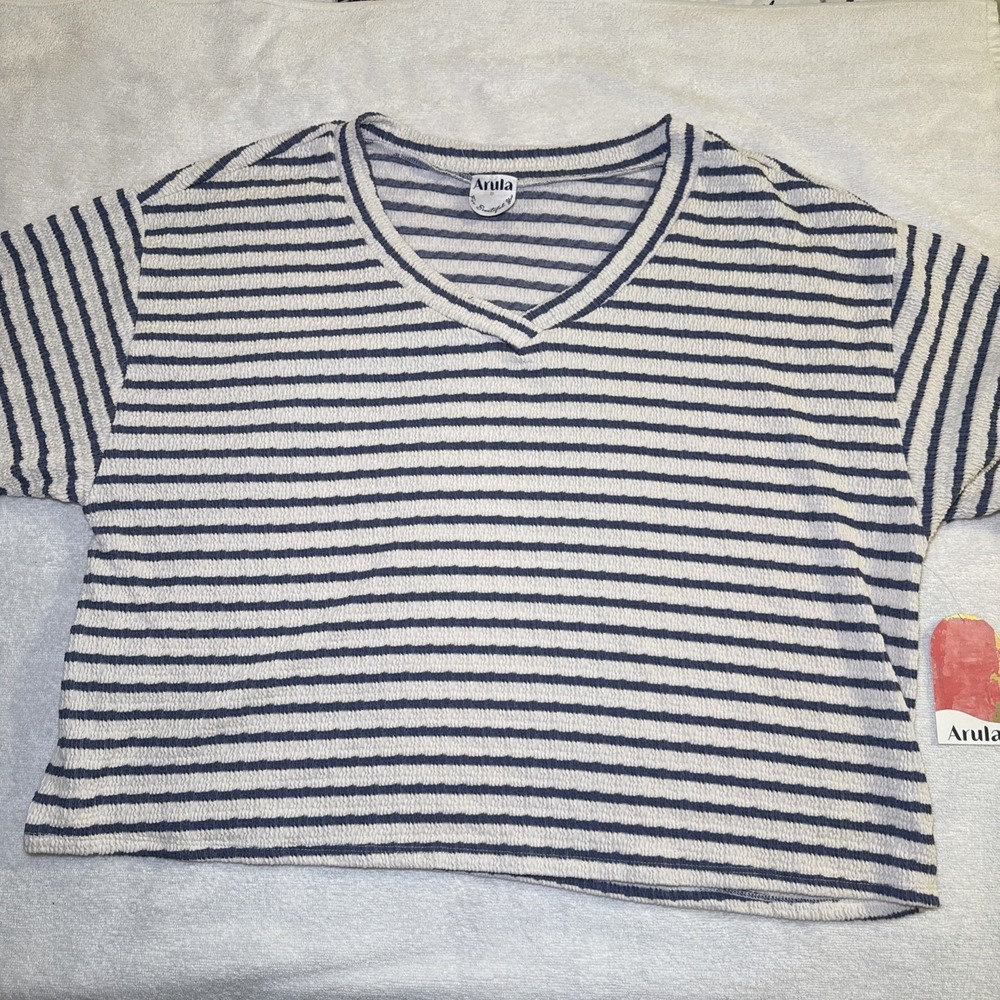 Arula Striped Textured Knit Top Size B Navy Cream V-Neck Coastal NWT